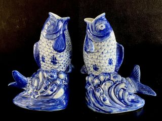 Blue And White Koi Fish Ceramic Vases 9 Inches Tall