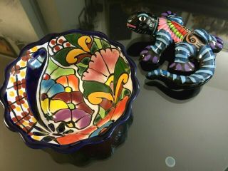 2 - Talavera Hand Painted Small Ceramic Mexican Gecko Lizard 5 1/2 " And Dish 6 "