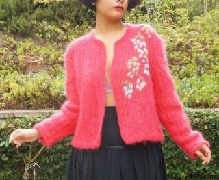 Vintage 1970s Hand Knit Fuchsia Pink Mohair Open Cardigan Crochet Design Os