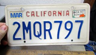 California Metal License Plate Embossed,  Expired 1997 Tags,  2mqr797,  Blue On Wh
