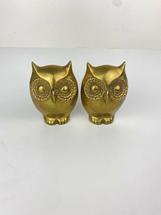 Solid Brass Owl Bookends Vintage Mid Century Modern Owls Big Eyes 6.  5”