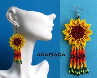 Sunflower Earrings,  Huichol Earrings,  Mexican Earrings,  Mexican Jewerly,  Af - 0673