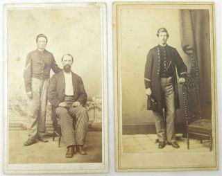 2 - Antique Cdv Photos Civil War Soldier Friends In Civvies & Standing Soldier