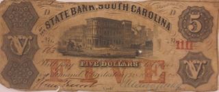 Civil War Era 1855 $5.  00 State Bank Of South Carolina Currency Note