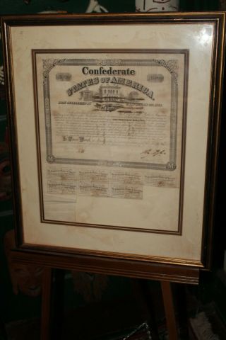 1863 Framed Matted Confederate States Of America $1000 Bond Civil War Coupons