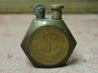 Vintage World War Ww Ii Era Brass Trench Art Style Lighter With 1943 Half Penny