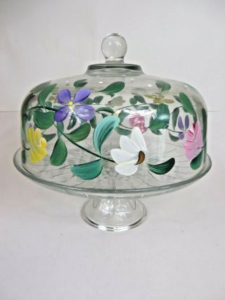 Vtg Heavy Glass Cake Domed Pedestal Hand Painted Floral Flowers Plate Stand