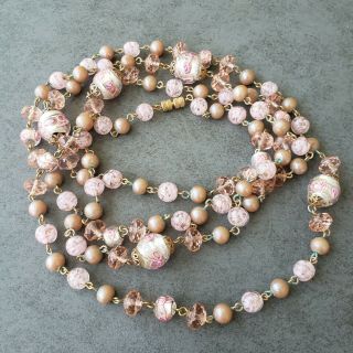 Vintage Mid Century Venetian Murano Pink Foil Art Glass Bead 54 " Strand Necklace