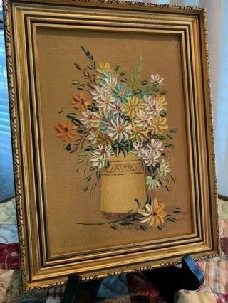 Estate Vintage Mid - Century Miniature Floral Oil Painting On Board Daisies 1970s