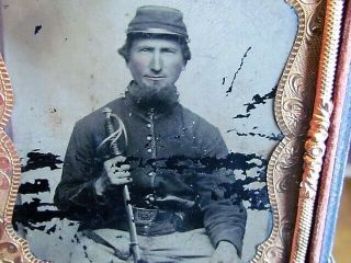 Civil War Cavalry Soldier With Sword & Pistol Tintype Photograph & Case