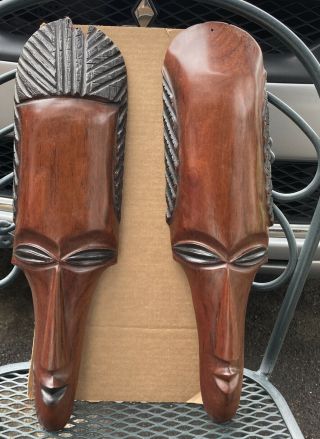 Set Of 2 African Hand Carved Wooden Tribal Mask Wall Decor Art 19” Tall X 5” W