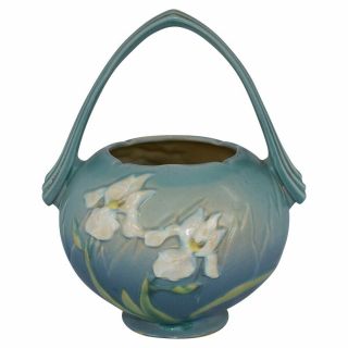 Vintage Roseville Pottery Iris 1939 Blue Basket 354 - 8