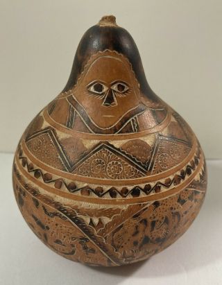 Vintage Peruvian Folk Art Hand Carved Gourd Woman,  Wild Animals,  Daily Living