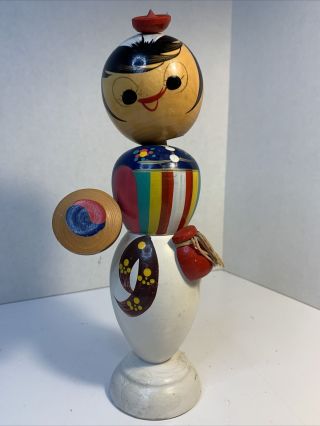 Wooden Japanese Kokeshi Bobblehead Doll Vintage And Colorful Hat
