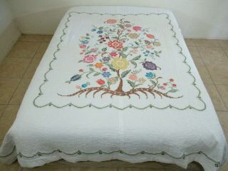 Queen Vintage Finished Hand Sewn Cross Stitch Floral Tree Of Life (?) Quilt