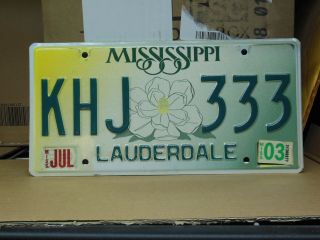 Khj 333 = 2003 Mississippi Big Magnolia Lucky Number License Plate Triple Digit