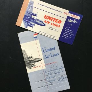 1952 Vintage United Airlines Ticket Holder And Boarding Pass Chicago To Portland