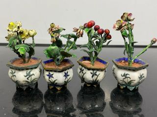 Vintage 4pc Chinese Export Enamel Cloisonné Miniature Flower Pot Figurines