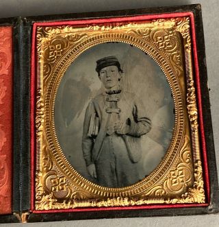 1/6 Plate Ambrotype Of Young Boy In Civil War Kepi,  Books Under Arm