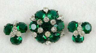 Vintage Signed Kramer Of Ny Clear Green Rhinestone Brooch Pin Earrings Set