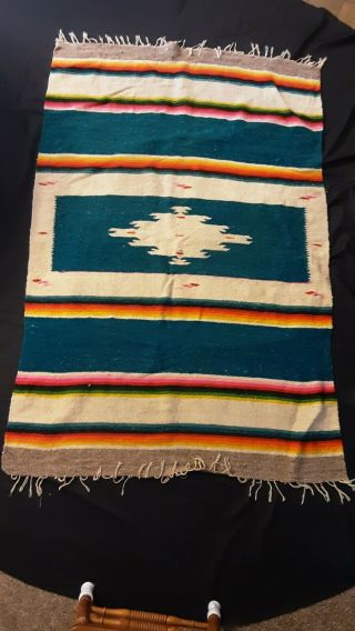 Authentic Southwest Ranch Find Vintage Hand Made Mexican Wool Blanket Kilim Rug