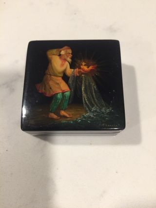 Vintage Black Lacquer Trinket Box Hand Painted Bearded Man With Goldfish Signed