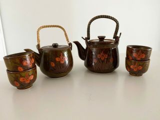 Vintage Otagiri Stoneware Tea Set 2 Teapots With Lid And 4 Cups Orange Iris