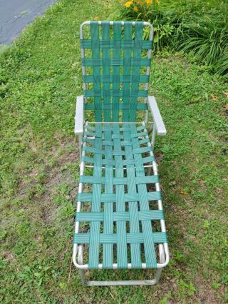 Vintage Webbed Aluminum Chaise Lounge Chair Folding Reclining Lawn Chair Retro