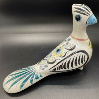 Vintage Mexican Folk Art Hand Painted Tonala Bird Dove W/ Painted Flower