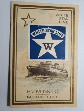 1934 White Star Line M.  V.  Britannic Passenger List