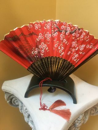 Vintage Hand Painted Japanese Silk Fan W / Stand
