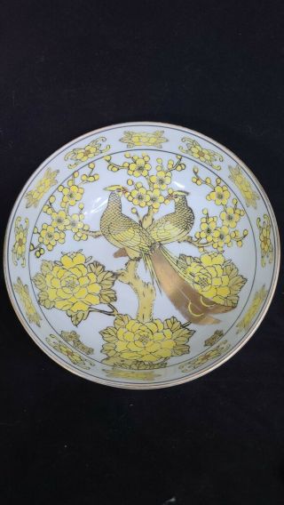 Japanese Gold Imari Blue And Gold Peacocks On A Branch Round Shallow Bowl 9”