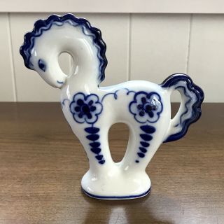 Vintage Gzhel Ussr Blue & White Ceramic Horse 4.  5 " Figurine Russia
