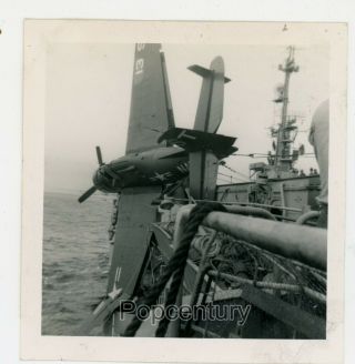Post Ww2 1953 Us Navy Photograph Uss Sicily Carrier Cve - 118 Crashed Plane Photo