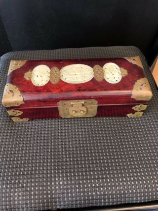 Vintage Wooden Asian Jewelry Box With Brass And Hand Carved Inlay