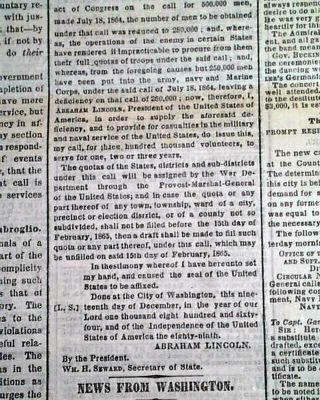 Abraham Lincoln More Troops Proclamation & Nashville Tn 1864 Civil War Newspaper