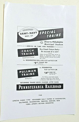 Nov.  1948 Pennsylvania Railroad Sample Ad For Army - Navy Game,  Philadelphia