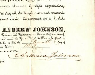1862,  Andrew Johnson,  Hand Signed Tennessee Cavalry Military Commission,  C.  War