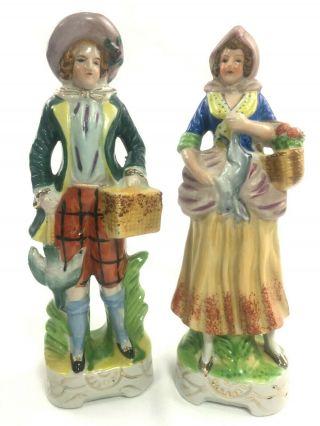 Vintage Hand Painted Japan Victorian Porcelain Figurines Man & Woman Rabbit