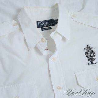 Vintage Polo Ralph Lauren White Twill Epaulet Shoulder Crown Crest Shirt M Nr