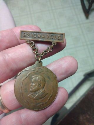 22 Iowa Vols.  Gar Pin Canteen Brass Copper Unknown Figure J.  K.  Davison Maker