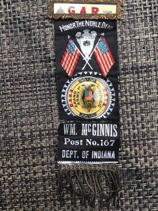 Vintage Grand Army Of The Republic Ribbon With Button Post 167 Indiana Antique