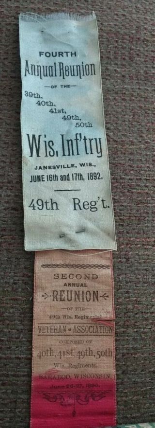 Pair,  Wisconsin Regiments Civil War Reunion Ribbons Attached With Pin