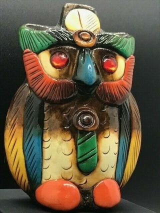 Mexican Owl Tiki Ceramic Hand Painted Glazed Figurine Jewel Eyes