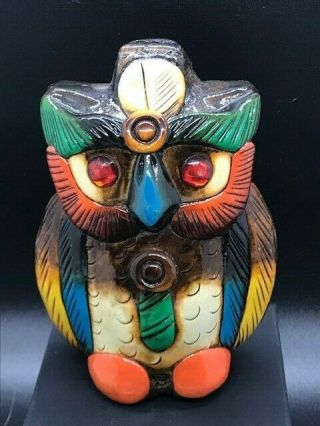 Mexican Owl Tiki Ceramic Hand Painted Glazed Figurine Jewel Eyes 3