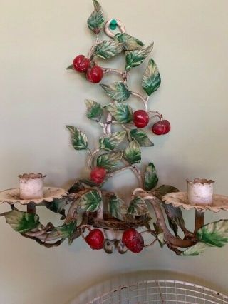 Vintage Italian Tole Hanging Candle Holder With Cherries