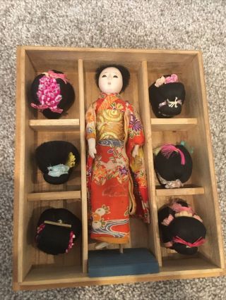 Vintage Hanako Japanese Doll Katsuraningyo With Six Wigs Toy Made In Japan