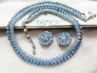 Vintage Blue Aurora Borealis Crystal Double Strand Necklace Earrings Bridal Set