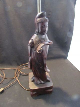 Vintage Asian Japanese Geisha Lady Statue Hand Carved Wooden Lamp 27 " To Finial