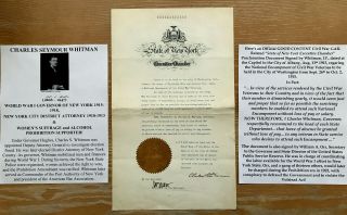 Wwi Suffrage Governor Ny 1915 Civil War Gar Encampment Whitman Document Signed